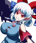  1girl blue_dress breasts curly_hair detached_sleeves dress earrings gero_zoukin highres horizontal_pupils horn_ornament horn_ribbon horns jewelry large_breasts pointy_ears rectangular_pupils red_eyes red_horns red_sleeves ribbon sharp_teeth sheep_horns solo teeth touhou toutetsu_yuuma white_hair 