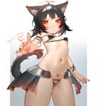  1girl absurdres ahoge animal_ear_fluff animal_ears arm_strap bangs bikini black_bikini black_hair black_nails black_skirt breasts cat_ears cat_girl cat_tail chinese_commentary commentary_request cowboy_shot gradient gradient_background grey_background hei_yksk highres looking_at_viewer miniskirt nail_polish navel original pleated_skirt red_eyes short_hair showgirl_skirt skirt small_breasts solo standing stomach_tattoo swimsuit tail tail_raised tattoo thighs white_background 
