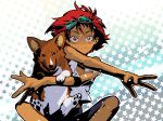  1girl androgynous animal_hands bare_arms black_shorts blush cofffee cowboy_bebop dog dog_paws edward_wong_hau_pepelu_tivrusky_iv ein_(cowboy_bebop) feet_out_of_frame flat_chest goggles goggles_on_head indian_style looking_at_viewer messy_hair orange_eyes outstretched_arms patterned_background red_hair shirt short_hair shorts sitting sleeveless sleeveless_shirt smile tan tank_top tongue tongue_out welsh_corgi white_shirt 