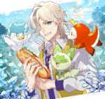  1boy animal aqua_eyes artist_name arven_(pokemon) bangs bird blonde_hair blue_sky brown_hair cloud collared_shirt commentary_request day duck eyelashes food fuecoco hair_over_one_eye hand_up holding holding_food long_hair long_sleeves male_focus multicolored_hair necktie one_eye_covered open_clothes open_mouth open_vest outdoors parted_bangs plant pokemon pokemon_(creature) pokemon_(game) pokemon_sv purple_necktie quaxly sandwich sazanami_misa shirt sidelocks sky smile solo sprigatito streaked_hair tree uva_academy_uniform vest watermark white_shirt wing_collar yellow_vest 