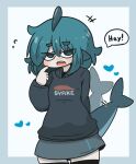  +++ 1girl afterimage bangs black_hoodie black_thighhighs blue_eyes blue_hair blush clothes_writing commentary_request fish_tail flying_sweatdrops fuka-chan grey_background grey_skirt hair_between_eyes hand_up heart highres hood hood_down hoodie long_sleeves open_mouth original puffy_long_sleeves puffy_sleeves shark_tail sharp_teeth short_eyebrows skirt sleeves_past_wrists solo speed_lines tail tail_wagging teeth thick_eyebrows thighhighs two-tone_background uni_souchou white_background 