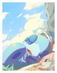  1other border closed_eyes cloud commentary day dynamax_band ellie_niunai_zhuyi_zhe food food_on_face grass highres lying on_side outdoors plate pokemon pokemon_(creature) pokemon_(game) pokemon_swsh sky sleeping sobble spoon white_border 