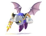  armor bat_wings boots commentary_request eyes_in_shadow full_body galaxia_(sword) gloves holding holding_sword holding_weapon kirby_(series) looking_at_viewer mask meta_knight miru_(milusour) no_humans purple_footwear shoulder_armor simple_background spiked_wings spikes sword weapon white_background white_gloves wings yellow_eyes 