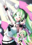  &gt;_&lt; 1girl :d absurdres ageage_again_(vocaloid) arm_up arrow_(symbol) bangs belt blush chibi crop_top dancing detached_collar digital_dissolve green_eyes green_hair hatsune_miku highres long_hair midriff nagitofuu nail_polish navel ok_sign one_eye_closed open_mouth pointing pointing_up shorts smile sparkle stage_lights strapless tube_top twintails very_long_hair vocaloid wrist_cuffs 