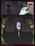  amber_(eliana-asato) anthro arms_above_head bound breasts cleavage clothed clothing coat comic crocodile crocodilian crocodylid cuff_(restraint) door duo eliana-asato female footwear giraffe giraffid handcuffs hi_res keypad lab_coat male mammal metal_cuffs oleg_(eliana-asato) reptile restraints scalie shoes sound_effects submissive submissive_male topwear 