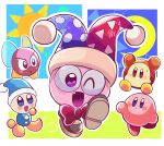  :d :o arms_up blue_eyes blush blush_stickers bow bronto_burt brown_eyes brown_footwear commentary_request crescent_moon day day_and_night fang full_body grass hat highres jester_cap kirby kirby&#039;s_return_to_dream_land kirby_(series) looking_at_viewer marx_(kirby) miru_(milusour) moon multicolored_clothes multicolored_headwear night night_sky no_humans one_eye_closed open_mouth pom_pom_(clothes) poppy_bros_jr purple_eyes red_bow red_footwear shoes sky smile sun sweatdrop waddle_dee yellow_footwear 