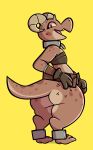  2018 anthro big_butt brown_body brown_clothing brown_scales brown_tail butt clothing collar dogfluid eyelashes fangs female gloves grey_clothing grey_eyes handwear hi_res horn horn_markings kobold looking_at_viewer markings open_mouth piko_(simplifypm) reptile scales scalie short_stack solo spots spotted_markings tan_body tan_scales tan_tail thick_thighs tongue topwear wide_hips 