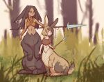  blonde_hair brown_body brown_fur brown_hair clothing duo ear_piercing ear_ring female fluffy fur hair lagomorph lagomorph_taur leporid leporid_taur long_ears long_hair mammal mammal_taur melee_weapon navel orange_clothing paws piercing polearm pupils rabbit rabbit_ears rabbit_taur red_clothing red_eyes ring_piercing short_hair spear tan_body tan_skin tateoftot taur weapon white_pupils yellow_body yellow_fur 