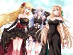  3girls agnes_claudel arms_behind_head blonde_hair blue_eyes dress earrings eiyuu_densetsu elaine_auclair elbow_gloves flower gloves green_eyes hair_flower hair_ornament jewelry kuro_no_kiseki long_hair looking_at_viewer multiple_girls necklace shizuna_rem_misurugi smile white_hair xiacheng_tatsuya 