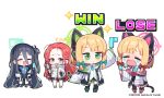  4girls :d animal_ear_headphones aris_(blue_archive) bangs black_hair black_hairband blonde_hair blue_archive blue_eyes blue_necktie braid breast_pocket cat_tail chibi closed_eyes collared_shirt hair_between_eyes hairband halo jacket midori_(blue_archive) momoi_(blue_archive) multicolored_clothes multicolored_jacket multiple_girls necktie nemomo official_art one_side_up open_mouth parted_bangs pleated_skirt pocket red_hair shirt skirt smile tail tie_clip white_jacket yuzu_(blue_archive) 
