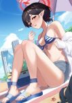  1girl absurdres ayane_(blue_archive) bangs beach bikini black_hair blue_archive blue_footwear blue_sky breasts cleavage cloud commentary_request day dutch_angle flower from_side front-tie_top grey_shorts hair_flower hair_ornament hair_tie halo highres knees_up long_sleeves looking_at_viewer medium_breasts navel off_shoulder open_clothes open_mouth open_shirt outdoors pointy_ears sand sandals shirt short_hair shorts sitting sky solo stone_(ksorede) swimsuit umbrella white_shirt yellow_eyes 