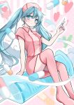  1girl :t absurdres bandages bandaid bangs blue_eyes blue_hair blush boots collared_dress dress hat hatsune_miku highres holding holding_thermometer intravenous_drip koiiro_byoutou_(vocaloid) long_hair nagitofuu nail_polish nurse_cap oversized_object pill short_sleeves sitting solo syringe thermometer thigh_boots twintails very_long_hair vocaloid 