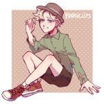  1boy artist_name blonde_hair blue_eyes buttons collared_shirt converse fedora fingernails green_shirt hat highres koyuxim legs long_sleeves looking_at_viewer male_child male_focus nervous_smile red_footwear shirt shoelaces shorts simple_background smile socks south_park sweatdrop tweek_tweak white_socks 