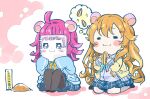  2girls :3 ahoge black_pantyhose blonde_hair blush breasts closed_eyes commentary_request hacosumi hamtaro_(series) highres konoe_kanata long_hair love_live! love_live!_nijigasaki_high_school_idol_club medium_breasts multiple_girls pantyhose pink_eyes pink_hair rina-chan_board seed simple_background sitting sleeves_past_fingers sleeves_past_wrists sunflower_seed tennouji_rina translation_request wariza 