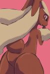  1girl animal_ears animal_nose ass ass_focus bakudai black_sclera body_fur brown_fur closed_mouth colored_sclera commentary_request cowboy_shot from_behind furry furry_female halftone hand_to_own_mouth hand_up happy highres looking_at_viewer looking_back lopunny pink_background pink_eyes pokemon pokemon_(creature) rabbit_ears rabbit_girl rabbit_tail shiny shiny_skin simple_background smile solo standing tail thick_thighs thighs two-tone_fur wide_hips yellow_fur 