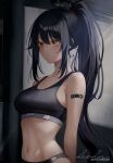  1girl arm_tattoo artist_name bangs bare_shoulders belly black_hair breasts cleavage expressionless heichanart highres long_hair looking_to_the_side medium_breasts navel patreon_username piercing ponytail saki_fuwa_(tower_of_fantasy) sleeveless sports_bra tattoo tower_of_fantasy yellow_eyes 