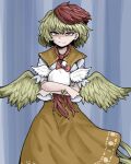  1girl bird_tail bird_wings blonde_hair closed_mouth dress fe_(tetsu) feathered_wings hair_between_eyes highres multicolored_hair niwatari_kutaka orange_dress red_eyes red_hair shirt short_hair short_sleeves smile solo tail touhou two-tone_hair white_shirt wings yellow_wings 