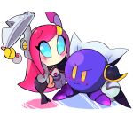  1girl armor bangs black_cape black_skirt blue_eyes blush boots cape closed_mouth commentary_request embarrassed full_body gloves grey_jacket hand_up headgear highres holding holding_mask jacket kirby:_planet_robobot kirby_(series) long_hair mask mask_removed meta_knight miru_(milusour) pink_hair purple_footwear raised_eyebrows shoulder_armor skirt solid_oval_eyes standing susie_(kirby) sweatdrop swept_bangs wavy_mouth white_gloves yellow_eyes 