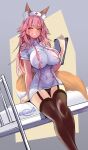  1girl animal_ear_fluff animal_ears bangs black_panties blush breasts brown_thighhighs commentary_request fate/extra fate_(series) fox_ears fox_girl fox_tail garter_straps grin hat holding large_breasts long_hair looking_at_viewer nurse nurse_cap panties parted_lips pink_hair short_sleeves smile solo tail tamamo_(fate) tamamo_no_mae_(fate/extra) teeth thighhighs thighs underwear white_headwear wisespeak yellow_eyes 