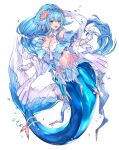  1girl :d blue_eyes blue_hair breasts commentary_request flower full_body gem gloves hair_flower hair_ornament katagiri_hachigou kneeless_mermaid large_breasts long_hair looking_at_viewer mermaid monster_girl navel personification pokemon primarina shawl smile solo tiara very_long_hair water white_background white_gloves 