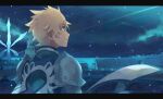  armor blonde_hair blue_eyes flynn_scifo glowing_liquid light_particles looking_afar male_focus shooting_star short_hair shoulder_armor skyline smile stole tales_of_(series) tales_of_vesperia urabe_(mstchan) village water wind 