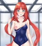  1girl alternate_costume aqua_eyes bangs bare_arms bare_shoulders blue_one-piece_swimsuit blurry blurry_background breasts breath clothing_aside collarbone commentary_request covered_navel dot_nose genshin_impact hand_up highleg highleg_swimsuit highres indoors light_blush long_hair looking_at_viewer low_twintails matrix16 nilou_(genshin_impact) nipples no_horns one-piece_swimsuit open_mouth out-of-frame_censoring red_hair school_swimsuit solo strap_slip swimsuit swimsuit_aside thighhighs twintails water wet wet_clothes wet_swimsuit white_thighhighs white_towel 