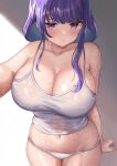  1girl arm_at_side bangs blunt_bangs blush breasts camisole cleavage closed_mouth collarbone genshin_impact highres large_breasts legs_together long_hair looking_at_viewer mixed-language_commentary navel panties purple_eyes purple_hair raiden_shogun shiny shiny_skin sidelocks solo standing stomach takenoko_pengin underwear underwear_only white_camisole white_panties 