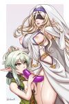  2girls :d absurdres bangs bare_arms bare_shoulders black_bow blindfold blonde_hair blush bow breasts bridal_gauntlets dildo double_dildo dress elf fellatio goblin_slayer! hair_bow hair_intakes hand_up high_elf_archer_(goblin_slayer!) highres holding_another&#039;s_hair jewelry large_breasts lips long_hair multiple_girls necklace nipples open_mouth oral pointy_ears pussy pussy_juice saliva sex_toy shiny shiny_hair simulated_fellatio small_breasts smile sword_maiden velvet_queen_h white_dress yuri 