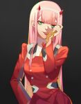  1girl bangs black_background blunt_bangs breasts darling_in_the_franxx green_eyes hairband hand_on_hip highres horns jacket licking licking_hand long_hair long_sleeves looking_at_viewer medium_breasts military military_uniform oni_horns pink_hair red_horns red_jacket solo straight_hair tongue tongue_out uniform upper_body white_hairband whither_laws zero_two_(darling_in_the_franxx) 