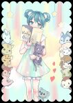  1girl absurdres animal bangs bloomers blue_eyes blue_hair blush book cat covering_mouth deer double_bun doubutsu_uranai_(vocaloid) elephant fur_cuffs hair_bun hatsune_miku highres holding holding_animal holding_book horse koala lion looking_at_viewer monkey nagitofuu nail_polish raccoon rainbow sheep short_sleeves solo star_(symbol) underwear vocaloid wolf wrist_cuffs 