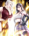  2girls absurdres asymmetrical_bangs bangs bare_shoulders black_bra black_hair black_skirt black_thighhighs blonde_hair bra breasts brown_eyes cleavage cowboy_shot crop_top dress earrings elbow_gloves fiery_background final_fantasy final_fantasy_vii final_fantasy_vii_remake fingerless_gloves fire furrowed_brow gloves hair_between_eyes hair_over_one_eye hair_up hand_on_hip hand_to_own_mouth hands_on_hips highres huge_breasts jewelry large_breasts long_bangs long_hair looking_at_another low-tied_long_hair midriff miniskirt multiple_girls parted_lips pelvic_curtain pleated_skirt red_dress scarlet_(ff7) shirt shoji_sakura skirt sleeveless sleeveless_shirt smile sports_bra thighhighs tifa_lockhart underwear white_shirt 