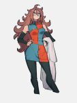  1girl android_21 black_sleeves checkered_clothes checkered_dress detached_sleeves dragon_ball dragon_ball_fighterz dress glasses grey_background kemachiku labcoat long_hair looking_away looking_to_the_side pantyhose simple_background solo standing 