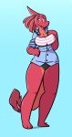  2018 anthro black_clothing blue_clothing breasts cleavage clothed clothing dogfluid dragon female fur furred_dragon hair hi_res looking_at_viewer orange_body orange_fur orange_tail paws pink_clothing red_body red_fur red_hair red_tail signature smile solo tail_tuft tongue tuft white_clothing 