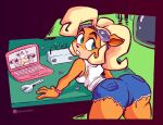  activision anthro bandicoot bent_over bottomwear bra butt clothing coco_bandicoot computer crash_bandicoot_(series) cutoffs denim denim_clothing eyewear eyewear_on_head female goggles goggles_on_head laptop mammal marsupial muscular muscular_female shirt shorts solo sports_bra tank_top topwear torn_clothing underwear video_games zaribot 