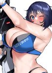  1girl absurdres armpits bangs bare_arms bikini black_bikini black_hair blue_bikini blue_eyes blush breasts cleavage closed_mouth commentary_request dolphin_wave hair_between_eyes highres holding holding_weapon kshimu large_breasts layered_bikini looking_at_viewer navel one_eye_closed short_hair simple_background solo standing swimsuit tojou_michiru upper_body weapon white_background 