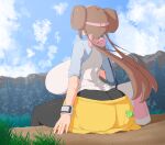  1girl alternate_breast_size ass bag black_pantyhose breasts brown_hair cloud cloudy_sky condom condom_packet_strip condom_wrapper curvy double_bun forest from_behind hair_bun highres huge_ass huge_breasts long_hair miniskirt mountain nature pantyhose pokemon pokemon_(game) pokemon_bw2 rosa_(pokemon) shoulder_bag sitting skirt sky solo twintails very_long_hair watch woomochi wristwatch 