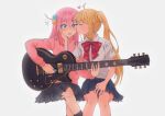  2girls ahoge bangs black_skirt black_socks blonde_hair blue_eyes blue_skirt blush bocchi_the_rock! bow bowtie closed_eyes collared_shirt commentary_request crossed_bangs crossed_legs electric_guitar foxtrot_(foxtrotfridays) gibson_les_paul gotou_hitori guitar hair_cubes hair_ornament hand_on_another&#039;s_cheek hand_on_another&#039;s_face heart holding holding_instrument ijichi_nijika instrument invisible_chair jacket kiss kissing_cheek long_hair long_sleeves multiple_girls one_side_up pink_hair pink_jacket pleated_skirt plectrum polka_dot polka_dot_bow red_bow red_bowtie school_uniform shirt short_sleeves side_ponytail simple_background sitting skirt socks surprise_kiss surprised track_jacket white_background white_shirt yuri 