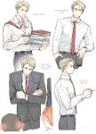  1boy 2girls belt black_belt black_suit blonde_hair blush book bread closed_eyes coffee_cup collared_shirt cowboy_shot cup disposable_cup food formal highres holding holding_book jujutsu_kaisen long_sleeves mouth_hold multiple_girls nanami_kento necktie pinstripe_pattern pinstripe_suit red_necktie shirt short_hair ssss7777_7 standing striped suit white_shirt 