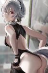  1girl animal_ears ass backless_outfit bare_shoulders black_gloves black_leotard blurry blurry_background breasts dressing fingerless_gloves from_behind gloves grey_hair highres kawachi_rin leotard looking_at_viewer looking_back maid_headdress mirror original reflection small_breasts solo tail wolf_ears 
