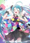  1girl absurdres ahoge bangs blue_hair blush closed_eyes collared_shirt hands_up hatsune_miku highres long_hair multicolored_clothes nagitofuu necktie open_mouth shirt skirt sleeveless sleeveless_shirt solo song_name tell_your_world_(vocaloid) thighhighs twintails very_long_hair vocaloid wrist_cuffs 