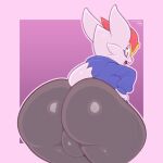  2022 anthro artist_name big_butt black_bottomwear black_clothing blue_clothing blue_hoodie blue_topwear border bottom_heavy bottomwear bulge butt cheek_tuft cinderace clothed clothing digital_media_(artwork) facial_tuft fingers frumples fur generation_8_pokemon hand_on_hip hoodie huge_butt looking_at_viewer looking_back looking_back_at_viewer male multicolored_body multicolored_fur nintendo open_mouth open_smile outline pink_border pink_nose pink_outline pokemon pokemon_(species) presenting presenting_hindquarters purple_background rear_view red_body red_eyes red_fur scut_tail short_tail simple_background smile solo standing teeth thick_thighs tongue topwear tuft video_games white_body white_fur wide_hips yellow_body yellow_fur 