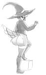  2022 anthro avian beak big_butt biped bird boots bottomless bottomless_male bubble_butt butt butt_focus claws clothed clothing corvid curvy_figure digital_drawing_(artwork) digital_media_(artwork) feathers footwear full-length_portrait girly girokett greyscale hair hat headgear headwear hi_res hourglass_figure huge_butt jay_(bird) legwear looking_at_viewer looking_back looking_back_at_viewer magpie-jay magpie_(corvid) male monochrome new_world_jay oliver_pelle open_beak open_mouth oscine partially_clothed passerine plantigrade portrait rear_view simple_background sketch smile solo standing stockings suggestive tail_feathers witch_hat 