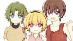  1boy 2girls bangs black_hairband blonde_hair blue_eyes breasts bright_pupils brown_hair closed_mouth collared_shirt commentary_request green_hair hairband hand_up higurashi_no_naku_koro_ni hiragi_rin houjou_satoko long_hair maebara_keiichi medium_breasts multiple_girls open_mouth parted_bangs pink_eyes pink_shirt ponytail purple_eyes red_vest shirt short_hair short_sleeves simple_background sleeveless sleeveless_shirt smile sonozaki_mion vest white_background white_pupils yellow_shirt 