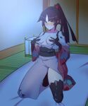  1girl absurdres black_hair black_thighhighs blush breasts covering_nipples fate/grand_order fate_(series) futon highres hyperbudd japanese_clothes joints katou_danzou_(fate) kimono kneeling mechanical_arms mechanical_legs off_shoulder ponytail robot_joints small_breasts smile tatami thighhighs yellow_eyes 