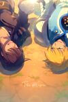  2boys armor black_hair blonde_hair echo_(circa) flynn_scifo gloves laughing lying male_focus multiple_boys on_back open_mouth smile tales_of_(series) tales_of_vesperia yuri_lowell 