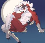  4_fingers anthro claws fingers fur generation_7_pokemon hi_res jrjresq looking_at_viewer lycanroc male moon muscular muscular_anthro muscular_male nintendo nude pokemon pokemon_(species) red_body red_fur smile solo video_games white_body white_fur 