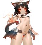  1girl absurdres ahoge animal_ear_fluff animal_ears arm_strap bangs bikini black_bikini black_hair black_nails black_skirt breasts cat_ears cat_girl cat_tail chinese_commentary commentary_request cowboy_shot gradient hei_yksk highres looking_at_viewer miniskirt nail_polish navel original pleated_skirt red_eyes short_hair showgirl_skirt simple_background skirt small_breasts solo standing stomach_tattoo swimsuit tail tail_raised tattoo thighs white_background 