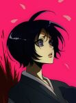  1girl black_hair bleach blood breasts floppydisk7000 hair_between_eyes highres japanese_clothes kuchiki_rukia long_hair long_sleeves open_mouth purple_eyes sad shinigami short_hair simple_background small_breasts solo 