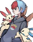  1girl :d black_eyes blue_hair closed_mouth eevee frown fuxiang glasses grey_eyes grey_hoodie hands_in_pockets highres hood hood_down hoodie light_blue_hair long_sleeves looking_at_another minun multicolored_hair open_mouth penny_(pokemon) plusle poke_ball_print pokemon pokemon_(creature) pokemon_(game) pokemon_sv red_hair round_eyewear short_hair sideways_mouth simple_background smile solid_oval_eyes two-tone_hair very_short_hair white_background 