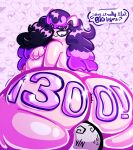  big_breasts big_butt black_hair blue_eyes breasts butt dialogue dialogue_bubble eyebrows eyelashes facesitting hair hi_res huge_butt hyper hyper_butt katie_(puffylover69) looking_back looking_down number pink_body pink_skin puffylover69 purple_background purple_hair purple_hearts questioning shocked_expression simple_background y/n 